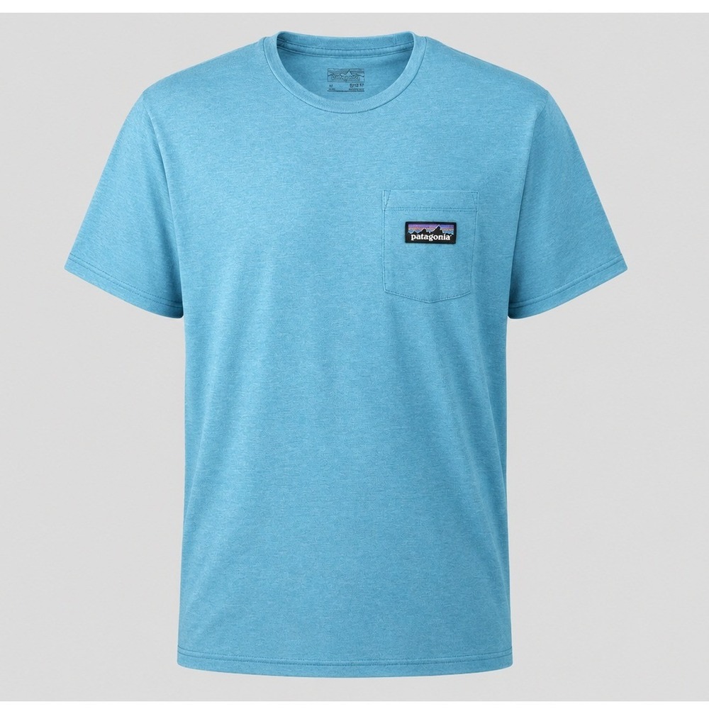 Patagonia Mens XL Slim Fit Pocket T-Shirt Heathered Teal Blue Fitz Roy Wave Logo